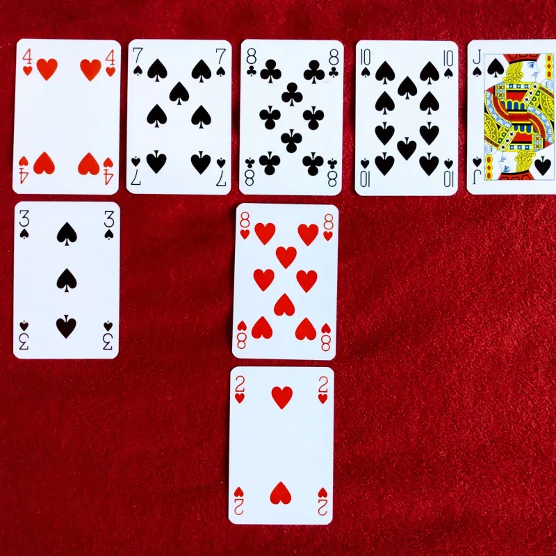 Playing cards laid out in rows on red felt